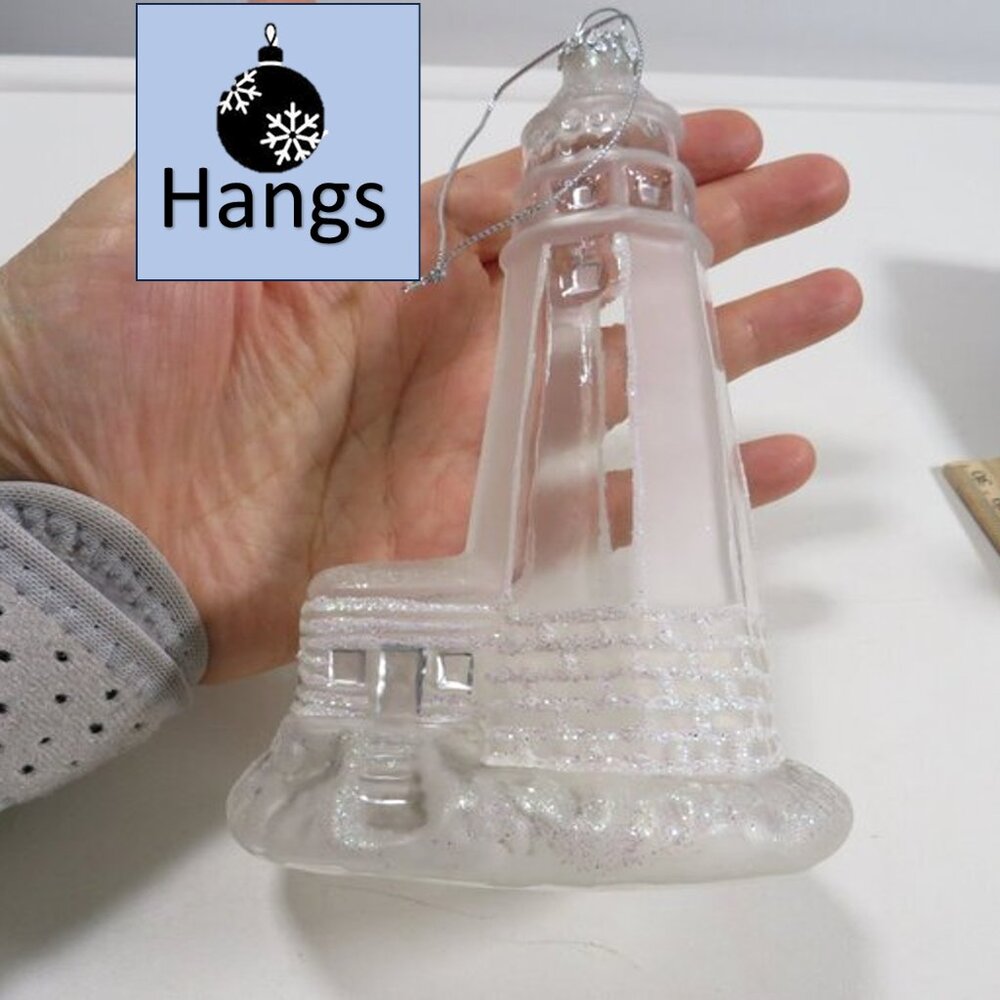 Clear Lighthouse Blown Glass Christmas Ornament with White Glitter details